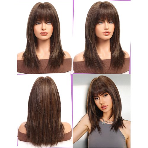 Getshow Dark Brown Wigs for Women layered Straight Wig with Bangs Natural Synthetic Hair