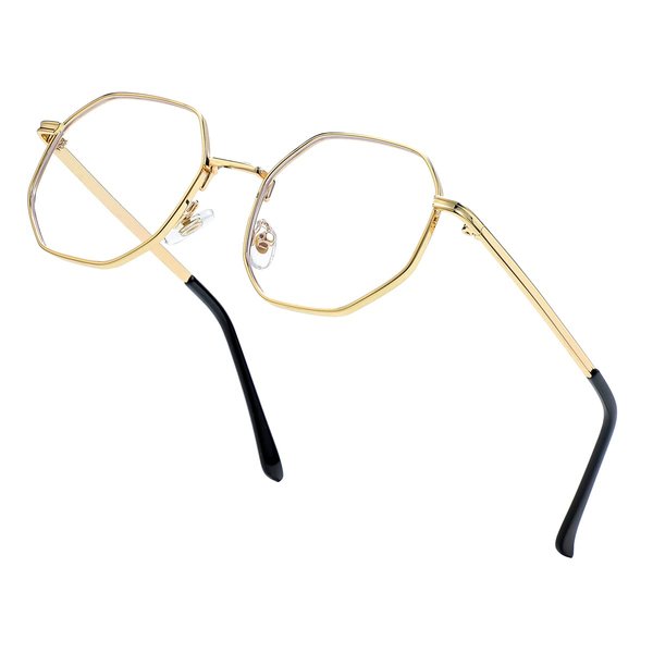 JOVAKIT Polygon Blue Light Blocking Glasses for Women Men Vintage Octagon Square Non-prescription Metal Eyeglasses (Gold)