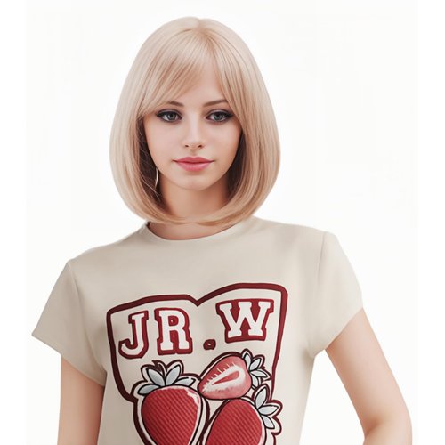NJJYXH 14 Inches Strawberry Blonde Wigs for Women Short Straight Bob Wig with Bangs Synthetic Hair for Cosplay, Daily Use,Halloween