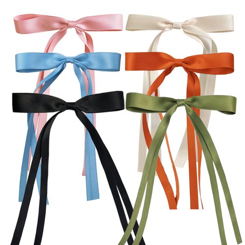 SALOCY Ribbon Hair Bows for Women Girls,6 PCS Tassel Ribbon Bowknot Hair Clips With Long Tail,Big Ribbon Bows Satin Hair Clip for Hair Design (Mixed Colors)