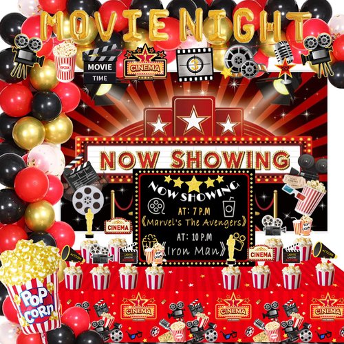 Fiesec Movie Night Party Decorations, Movie Theater Hollywood Themed Party Decorations Backdrop Balloon Garland Banner Tablecloth Cake Cupcake Topper Poster Popcorn Clapboard Red Black 142 PCs