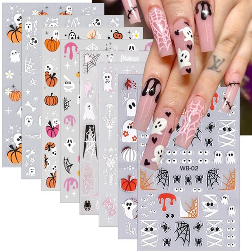 8 Sheets Halloween Nail Stickers for Nail Art Halloween Ghost Nail Decals 3D Self Adhesive Pegatinas Uñas Cute Skull Pumpkin Spider Nail Art Stickers for DIY Halloween Nails Design Decoration Charms