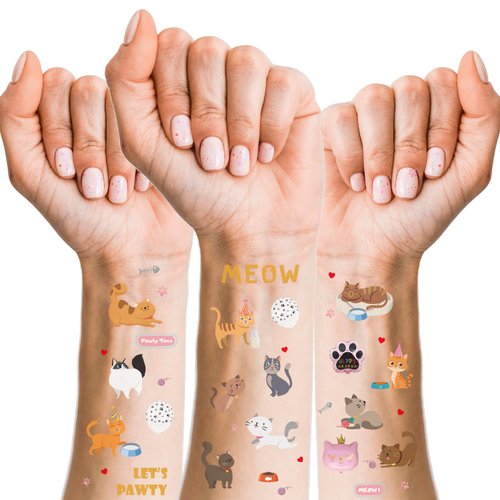 Cute Cat Temporary Tattoos - 75 Glitter Styles | Let's Pawty Birthday Party Supplies, Meow Party Favors