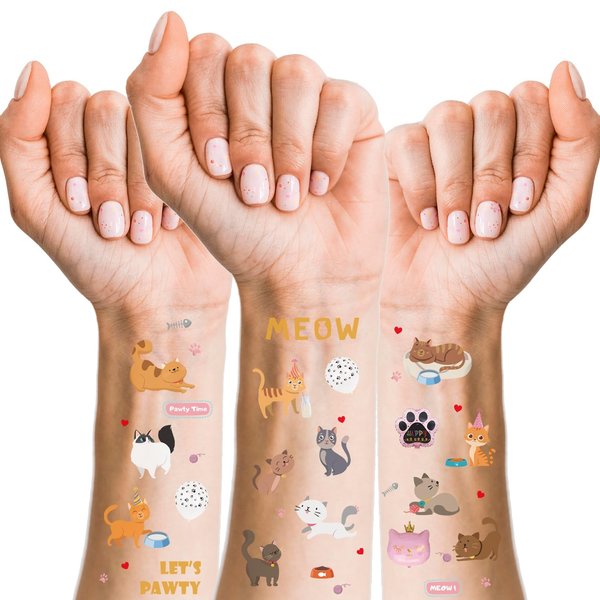 Cute Cat Temporary Tattoos - 75 Glitter Styles | Let's Pawty Birthday Party Supplies, Meow Party Favors