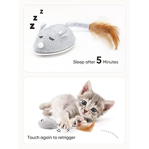 ALLTHINGVB Interactive Version2 Automatic Cats Plush Toys Play for Indoor Boredom Alone. Electric Moving Mouse Cat Toys with Real Feather Tail, Less Noise USB Rechargeable. (Grey)