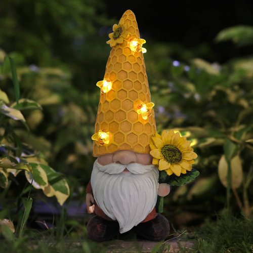 REYISO 12.3''Garden Gnomes Outdoor Statues Clearance for Garden Decor with Solar Bee Lights,Christmas Gnomes Outdoor Decor - Sunflower Gifts for Women Mom,Yard Art Sculptures for Patio Lawn Yard