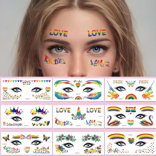 10 Sheets Temporary Tattoo Stickers for Pride Day LGBT Gay Face Eye Art Decoration, Rainbow Colorful Butterfly Star Ribbons Pride Parades Party Supplies for Men Women Eye Makeup Decor Fake Tattoos