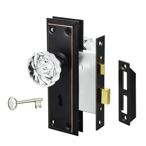 Newliplace Mortise Lock Set for Interior Door, Antique Door Knobs with Lock and Key, Crystal Glass Door Knobs, Oil Rubbed Bronze Finish