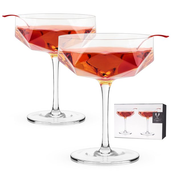 Viski Faceted Coupe Glasses set of 2, Champagn, Martini, Wine, Crystal Cocktail Glasses for Bar, Drinking Glass Set of 2, 7oz