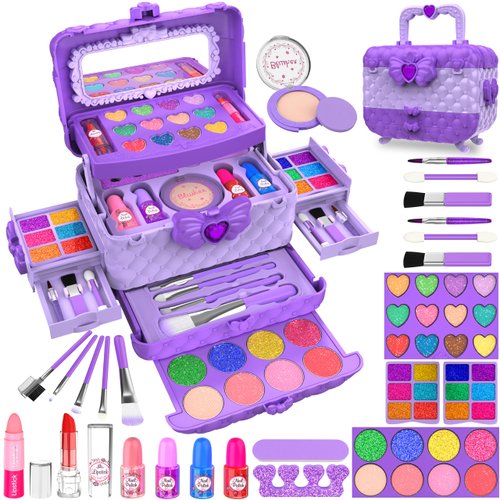 54 Pcs Kids Makeup Kit for Girls, Princess Real Washable Pretend Play Cosmetic Set Toys with Mirror, Non-Toxic & Safe, Birthday Gifts for 3 4 5 6 7 8 9 10 Years Old Girls Kids (Purple)