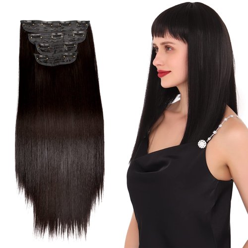 Meolor 4PCS Clip in Hair Extensions Straight for Women Black Brown 18Inch Long Hair Extensions Clip ins Synthetic Hair Pieces Hair with Clips, Gifts for Women