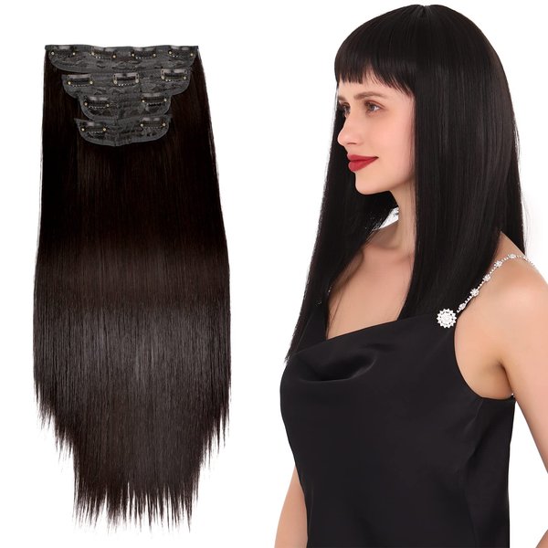 Meolor 4PCS Clip in Hair Extensions Straight for Women Black Brown 18Inch Long Hair Extensions Clip ins Synthetic Hair Pieces Hair with Clips, Gifts for Women