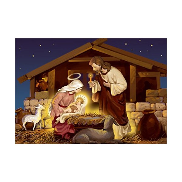 Mary Lays Jesus in Manger - Designer Greetings Box of 18 Religious Christmas Cards