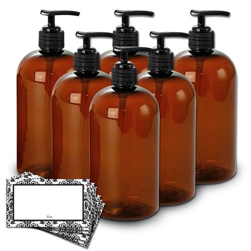 Baire Bottles 16 oz Empty Refillable Plastic Pump Bottles Dispenser 6 Pk PET BPA Free Refillable Containers Shampoo Lotion Oil Soap Waterproof Labels USA (Amber/Brown with Black Pump, Damask Labels)