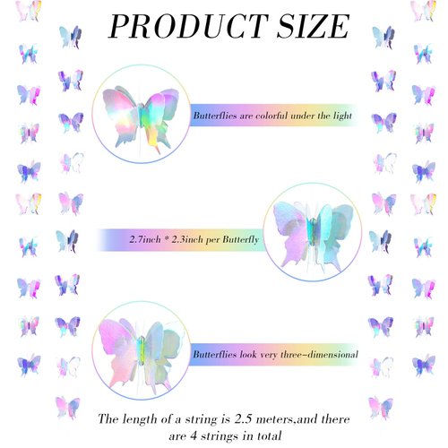 3D Butterfly Hanging Garlands Butterfly Laser Paper Party Streamers Decoration for Wedding Home Party Birthday Decorations Butterfly Baby Shower Decorations (4 Pieces)