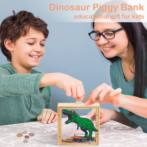 Piggy Bank for Kids, Wooden Money Coin Bank for Boys and Girls, Dinosaur Unicorn Piggy Banks with DIY Stickers for Birthday, Easter Gifts (Green)
