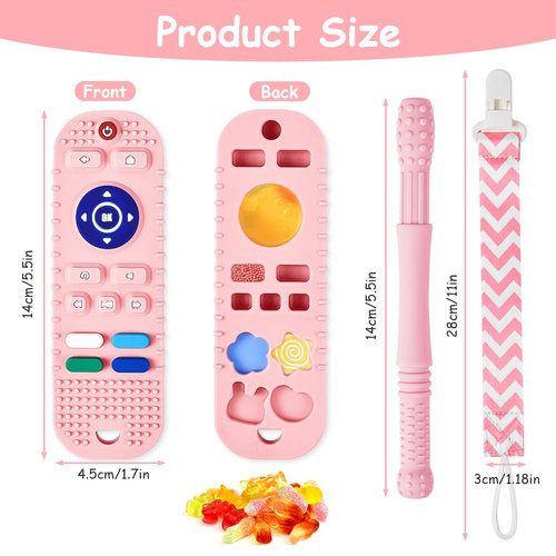Silicone Baby Teething Toys, Remote Control Shape Teethers Toys with Teething Tubes and Pacifier Clip, Baby Teething Toys for 3+ Months, Remote Teething Toys BPA Free/Freezable/Dishwasher Safe(Pink)