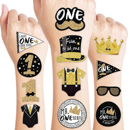 Mr Onederful First Temporary Tattoos 10 Sheets 100 PCS Onederful 1st Party Decorations Favors Supplies First Theme Birthday Stickers Gifts for Boys Girls Kids Class School Prizes Carnival Christmas