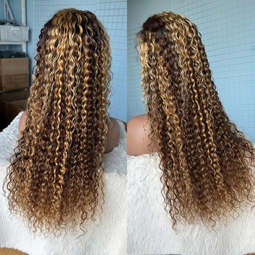 SWEETGIRL Highlight Ombre Water Wave Lace Front Wigs Human Hair Pre Plucked 13x4 Lace Frontal Wigs Curly Human Hair Wig for Women 180 Density 20 Inch