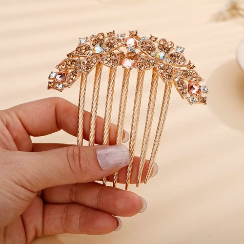Jumwrit Crystal Bride Wedding Hair Comb Leaf Colorful Rhinestone Flower Hair Side Comb Gold Hair Clip Comb Big Floral Vintage Bridesmaid Headpiece Bridal Hair Jewelry for Women Girls(Champagne)
