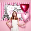 Paris Happy Birthday Backdrop Eiffel Tower Photography Background Paris Party Decorations Sweet Pink Stripes Birthday Party Supplies Party in Paris Dessert Table Decorations, 5.9 x 3.6 ft