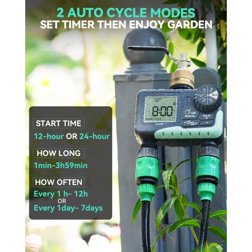 RAINPOINT Water Timer for Garden Hose - Sprinkler Timer with Brass Swivel - Rain Delay/Manual Watering/Automatic Irrigation Controller System Hose Timer Programmable Faucet Timer for Yard, 2 Outlet