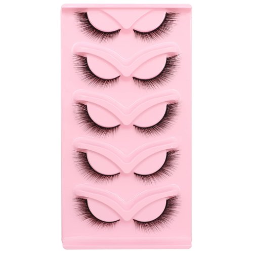 Veleasha Fox Eye Lashes L Curl Fluffy False Eyelashes 5 Pairs Pack Cat Eye Lashes Wispy & Lightweight Fake Eyelashes for Doll Eye Makeup (Foxy 04)