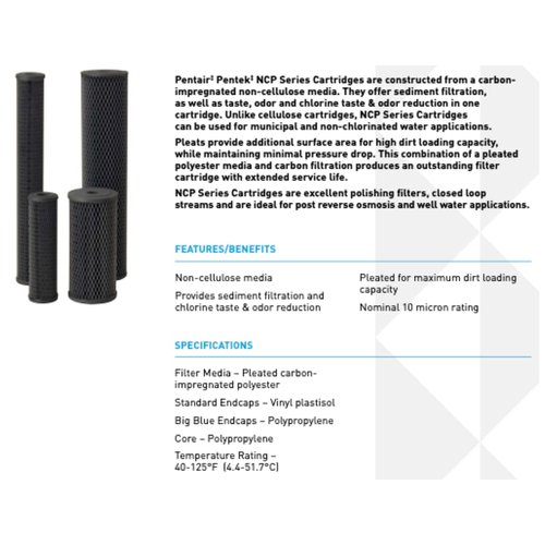 Pentair Pentek NCP-BB Big Blue Carbon Water Filter, 10-Inch, Whole House Non-Cellulose Carbon Impregnated Pleated Filter Cartridge, 10" x 4.5", 10 Micron