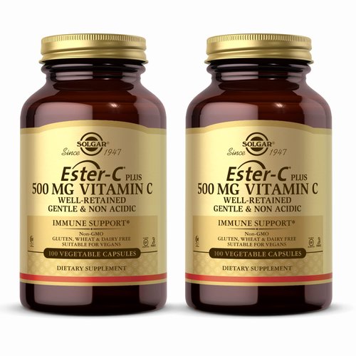 SOLGAR Ester-C Plus 500 mg Vitamin C (Ascorbate Complex) - 100 Vegetable Capsules, Pack of 2 - Antioxidant & Immune Support - Non GMO, Vegan, Gluten Free, Kosher - 200 Total Servings