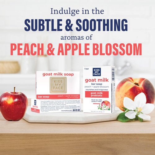 Kiss My Face Goat Milk Bar Soap, With Goat Milk and Probiotics, Nourishes and Invigorates, Bar Soaps for Hands and Body, Cruelty Free and Palm Oil Free, Peach and Apple Blossom Scents, Pack of 3