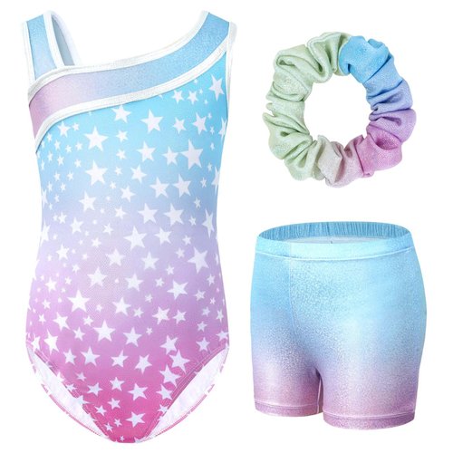 Gogokids Gymnastics Leotards for Girls, Kids Glitter Stars Dance Unitards Biketards with Shorts