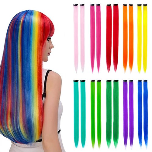 20 Pieces Colored Party Highlights Clip in Hair Extensions Women Girls 22 Inches Long Straight Colored Daily Party Rainbow Festivals Hair Accessories