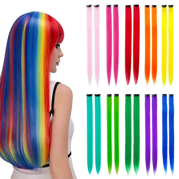 20 Pieces Colored Party Highlights Clip in Hair Extensions Women Girls 22 Inches Long Straight Colored Daily Party Rainbow Festivals Hair Accessories