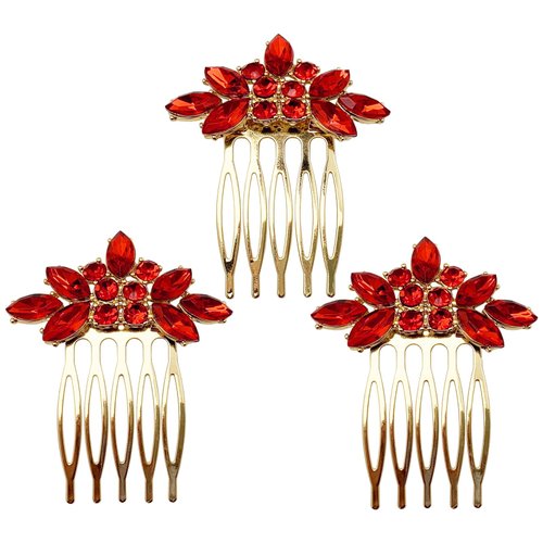 BETITETO Bridal Crystal Hair Piece with Comb 3 Pieces Small Rhinestone Wedding Gold Hair Pins Accessories for Women Girls (Red)