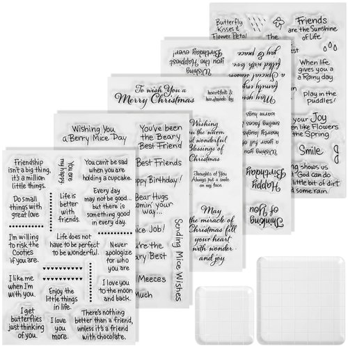 5 Sheets Sentiments Rubber Clear Stamps with 2pcs Acrylic Stamp Block Tools, Warm Words Clear Rubber Stamps for Card Making and Crafting DIY Scrapbook