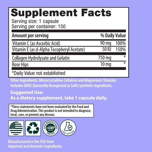 Sanar Naturals Collagen Pills with Vitamin C, E - Reduce Wrinkles, Promotes Hair, Nail, Skin, Joints, and Bone Health - Hydrolyzed Collagen for Women & Men, Collagen Peptides Supplement, 150 Capsules