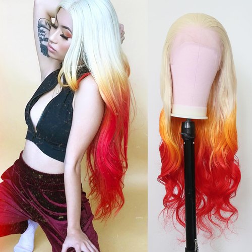 BTWTRY Wavy Wig Blonde Ombre Yellow Red Synthetic Lace Front Wigs 3Tone #613 Ombre Red for Fashio...