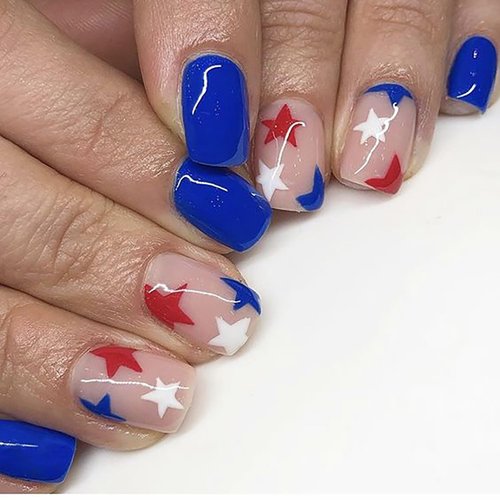 4th of July Extra Short Press on Nails Blue Square FakeNails with Red White Stars Designs Gloss Acrylic Nails Petite Stick on Nails Small Press on Nails Independence Day Manicure Decorations