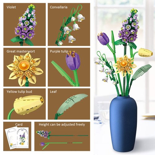 MEIEST Mini Building Blocks Flower Bouquet Set,Creative DIY Unique Decoration Home,Flowers Botanical Collection Construction Building Bricks Toy for Kids Adult (Violet)