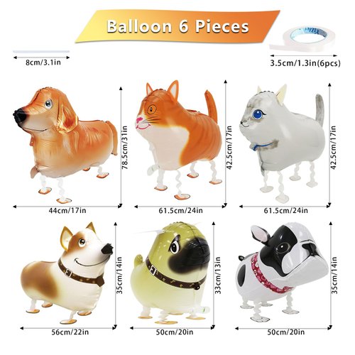 6 Pcs Walking Animal Balloons Dog Cat Party Decorations 4 Pcs Dog Mylar Foil Balloons and 2 Pcs Cat Balloons Walking Balloons for Puppy Birthday Party Supplies Cat Theme Party Supplies