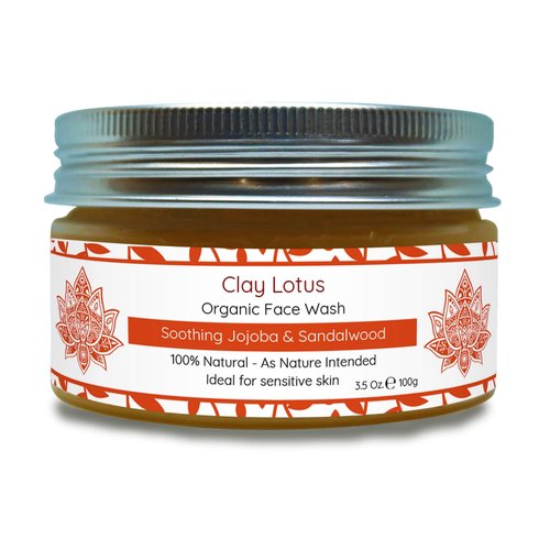 Clay Lotus Organic Face Wash - Gentle Cleanser for Sensitive Skin with Jojoba & Sandalwood. 100% Natural, Soothing, Hydrating, and Brightening. Non-Drying, Vegan Formula for Women & Men