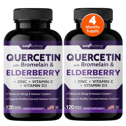 Quercetin with Vitamin C and Zinc - Elderberry - Quercetin 500mg - Quercetin with Bromelain - Zinc Quercetin - Vitamin D3 - 6 in 1 Daily Immune Support, Non-GMO - Sambucus Supplement - 4 Months Supply