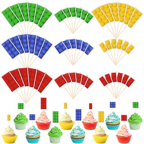 48 Pieces Color Building Block Themed Cupcake Toppers Building Block Party Favors Building Block Party Decorations for Adults Party Supplies