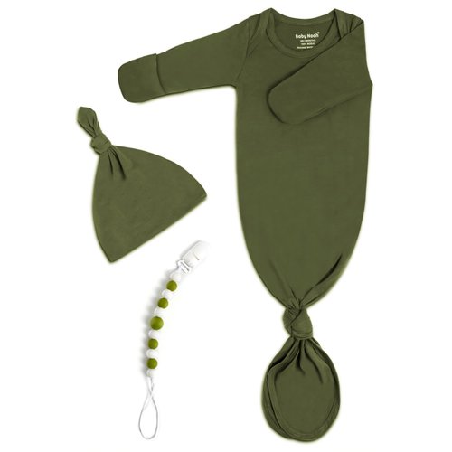 Newborn Baby Knotted Gown, Super Soft Silky Infant Long Sleeve Sleeper for Baby Girl and Boy Sleeping Bag with Mittens and Hat Set (Extra Long)
