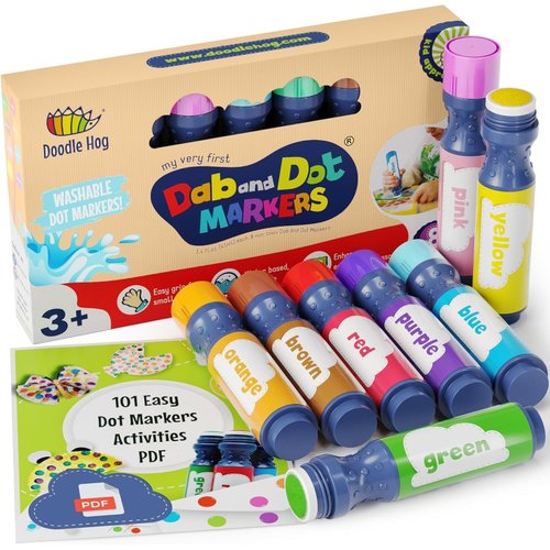 DOODLE HOG Washable Dot Markers for Toddlers Kids Preschool | 8 Colors Bingo Markers | Non Toxic Toddler Arts and Crafts Supplies | Paint Markers for Kids | PDF with 200 Dot Art Activity Sheets