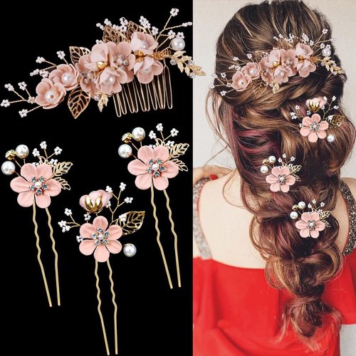 BOYIVI 4 Pieces Bridal Floral Hair Comb and Pins, Pink Alloy with Rhinestones, Plump Smooth Pearl and Fake Petal Wedding Hair Accessories for Brides, Bridesmaids, Women, Girls