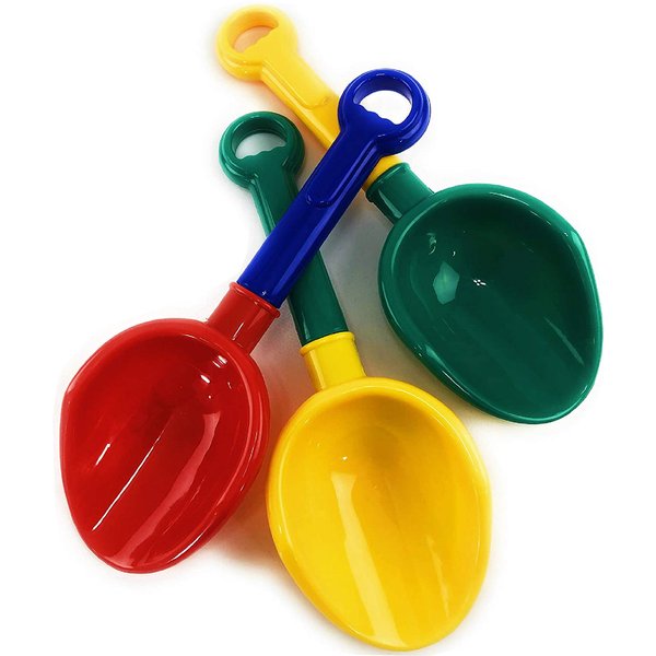 Matty's Toy Stop 10.5" Kids Multi-Color Sand Scoop Plastic Shovels for Sand & Beach (Red/Blue, Yellow/Green & Green/Yellow) Complete Gift Set Bundle - 3 Pack