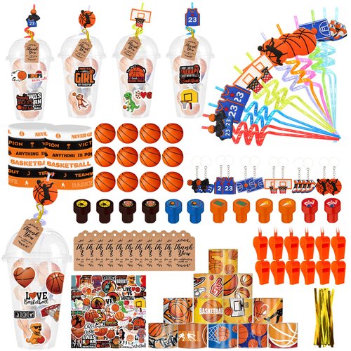 emzrivo Basketball Party Favors 170 Pcs Basketball Birthday Party Decoration With Cups Straws Slap Bracelets Whistles Stress Balls Wristbands Keychains Stamps Stickers Thank you Tags (Basketball)