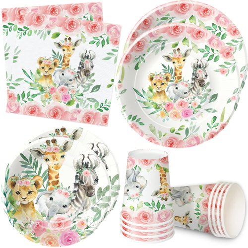 HIPVVILD Safari Birthday Decorations Tableware for Girl - Jungle Theme Party Supplies Include 9" Plates, 7" Plate, Cup, Napkin, Safari Jungle Animal Baby Shower Party Decorations | Serve 24