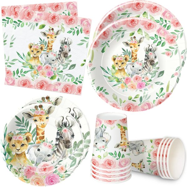 HIPVVILD Safari Birthday Decorations Tableware for Girl - Jungle Theme Party Supplies Include 9" Plates, 7" Plate, Cup, Napkin, Safari Jungle Animal Baby Shower Party Decorations | Serve 24